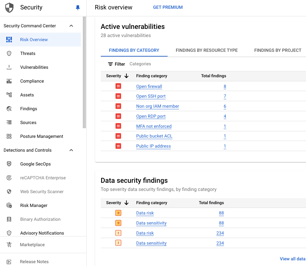 Security Command Center 的 Data Security Findings