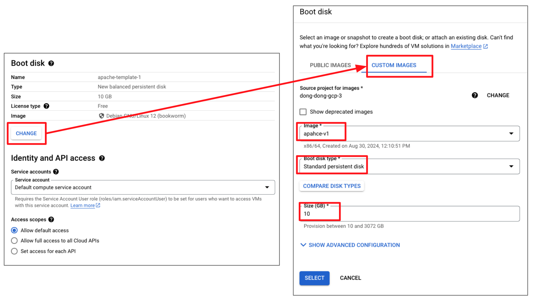 在 GCP 設定 Instance Template 的 Boot Disk 指向自訂的 Image