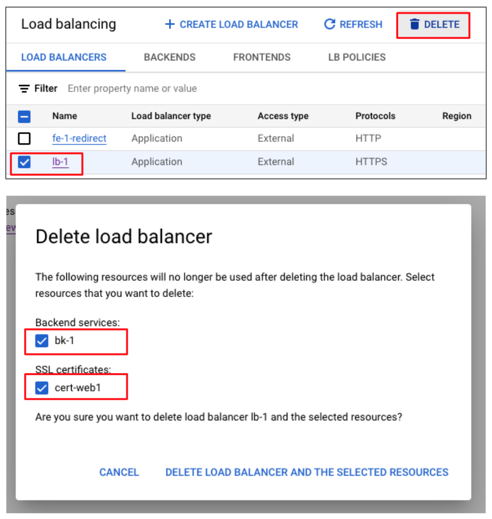 刪除 Load Balancer、後端和憑證