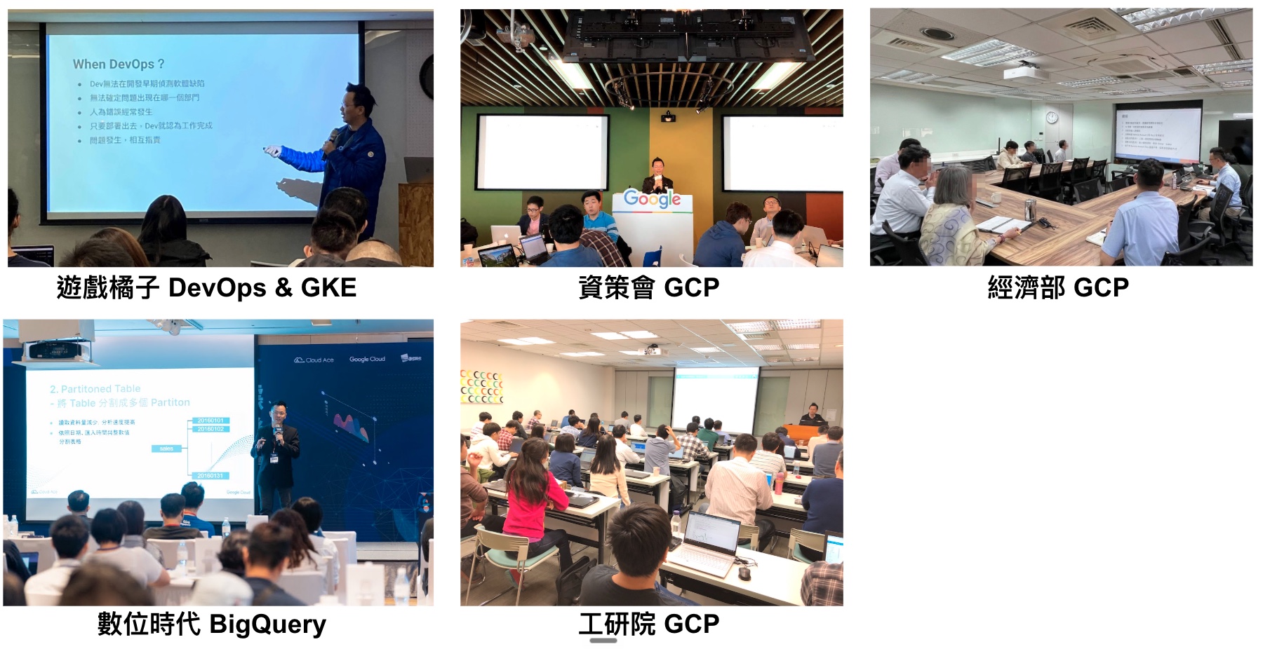 企業內訓現場照片：遊戲橘子 DevOps & GKE、資策會 GCP、經濟部 GCP、數位時代 BigQuery、工研院 GCP
