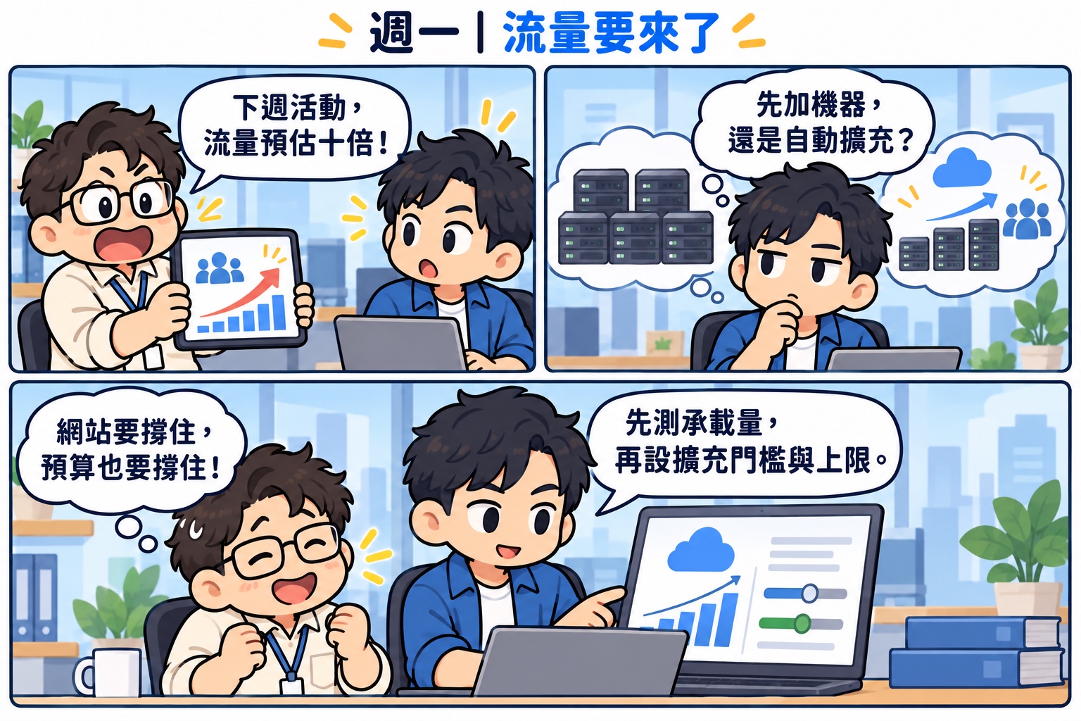 週一流量要來了：同事說下週活動流量預估十倍，架構師思考要先加機器還是自動擴充，最後決定先測承載量，再設擴充門檻與上限
