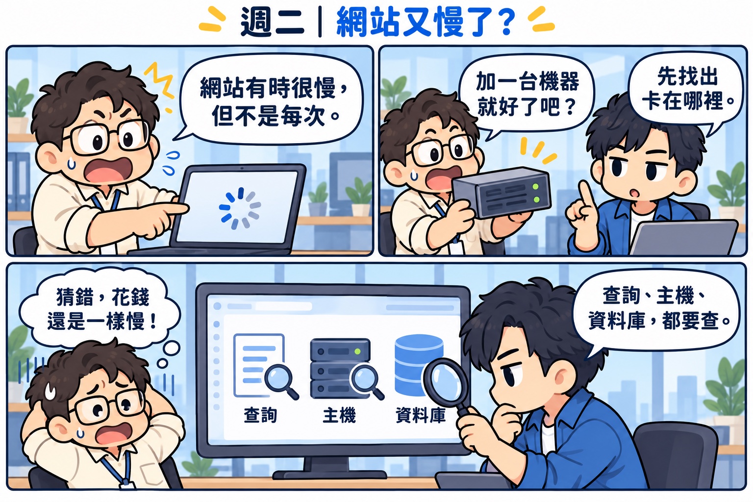 週二網站又慢了：同事想直接加一台機器，架構師說先找出卡在哪裡，查詢、主機、資料庫都要查，猜錯的話花錢還是一樣慢