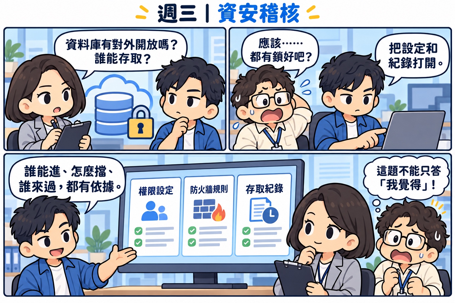 週三資安稽核：稽核人員問資料庫有沒有對外開放、誰能存取，架構師打開權限設定、防火牆規則、存取紀錄，誰能進、怎麼擋、誰來過都有依據