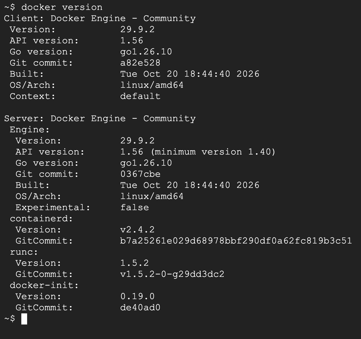 在 Cloud Shell 輸入 docker version，看到 Client 和 Server 兩段代表 Docker 已經裝好可以用