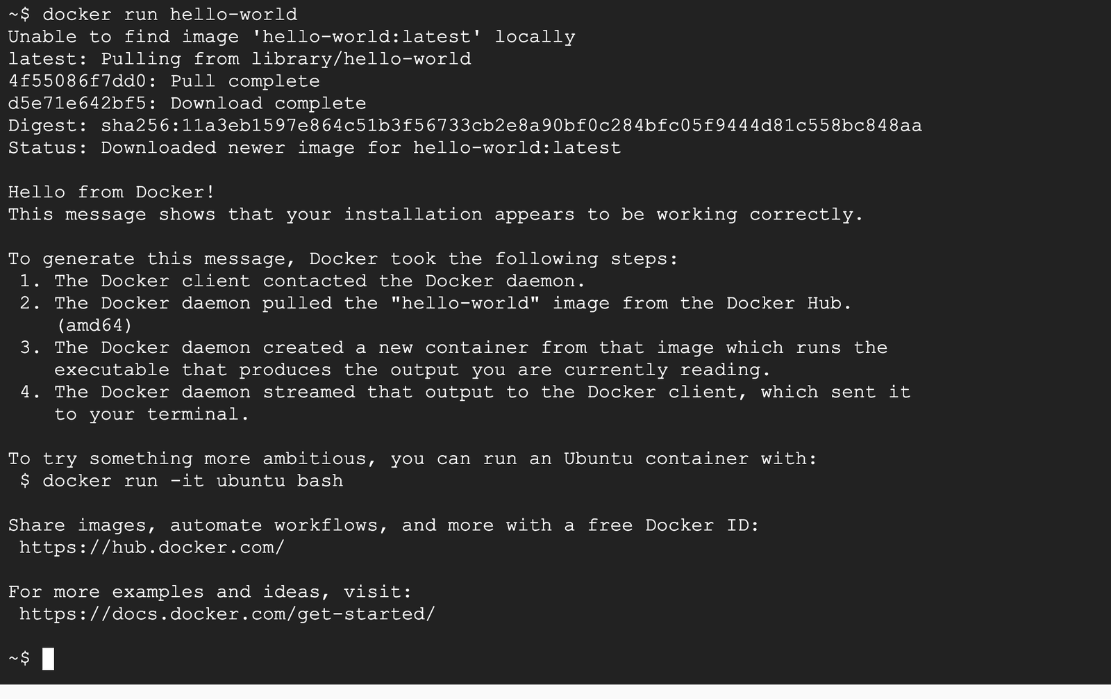 docker run hello-world 的實際輸出：本機找不到映像檔就自動下載，再建立容器印出 Hello from Docker