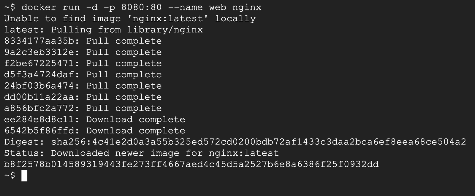 docker run -d -p 8080:80 --name web nginx 的輸出：下載 nginx 映像檔的多個層之後，印出容器 ID