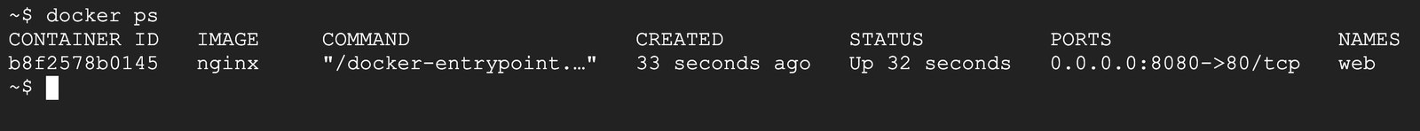 docker ps 顯示 web 容器正在執行，Port 欄位是 0.0.0.0:8080->80/tcp