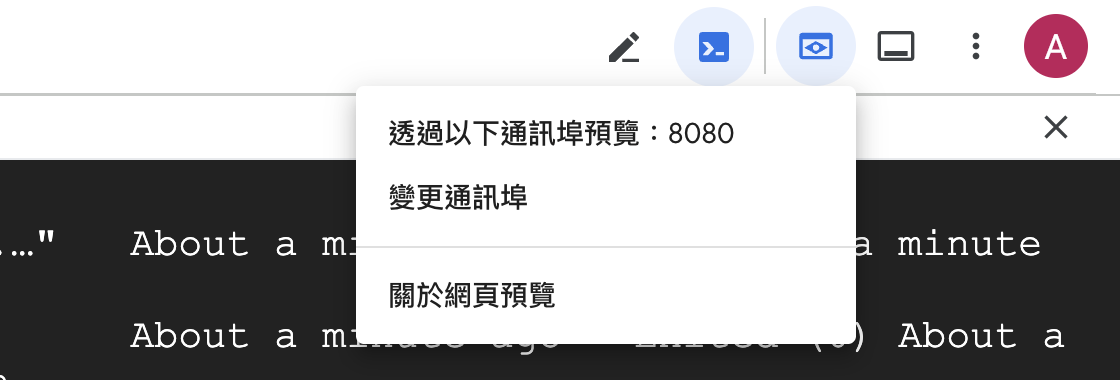 Cloud Shell 右上角的網頁預覽選單，選擇透過通訊埠 8080 預覽