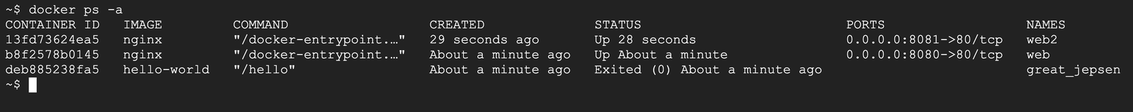docker ps -a 列出所有容器，hello-world 容器的狀態是 Exited (0)，代表已經正常結束